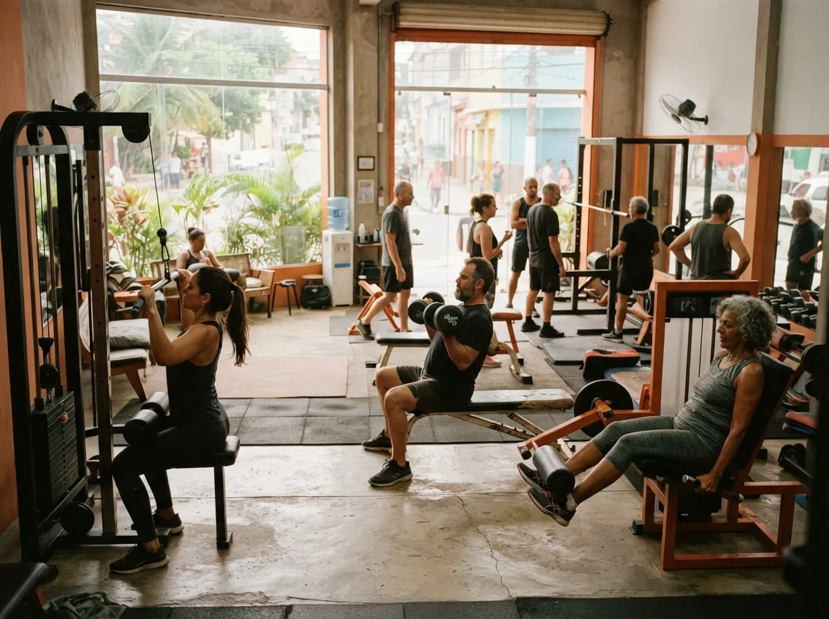 Academia com pessoas treinando em áreas diferentes: polia, halteres e aparelhos de perna