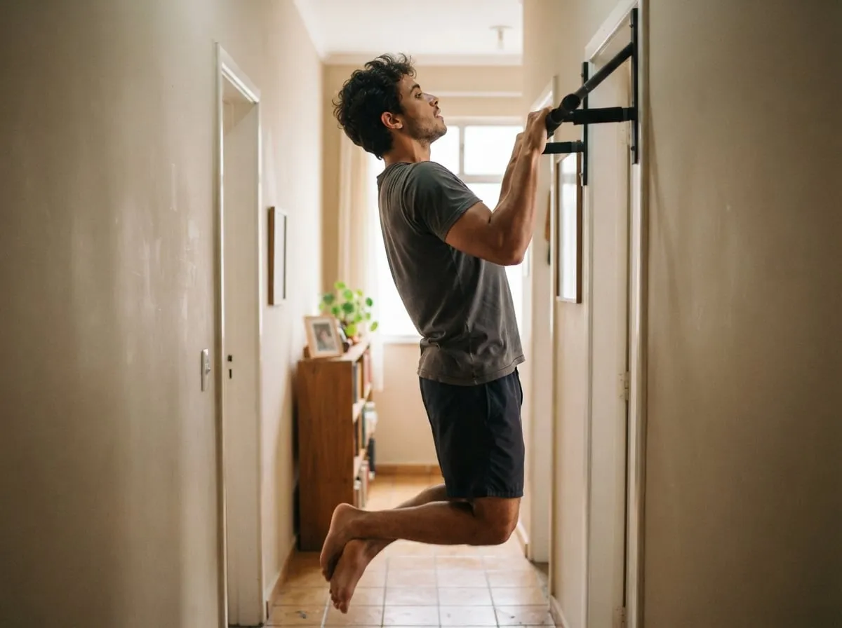 Homem pendurado numa barra fixa instalada no batente da porta de casa