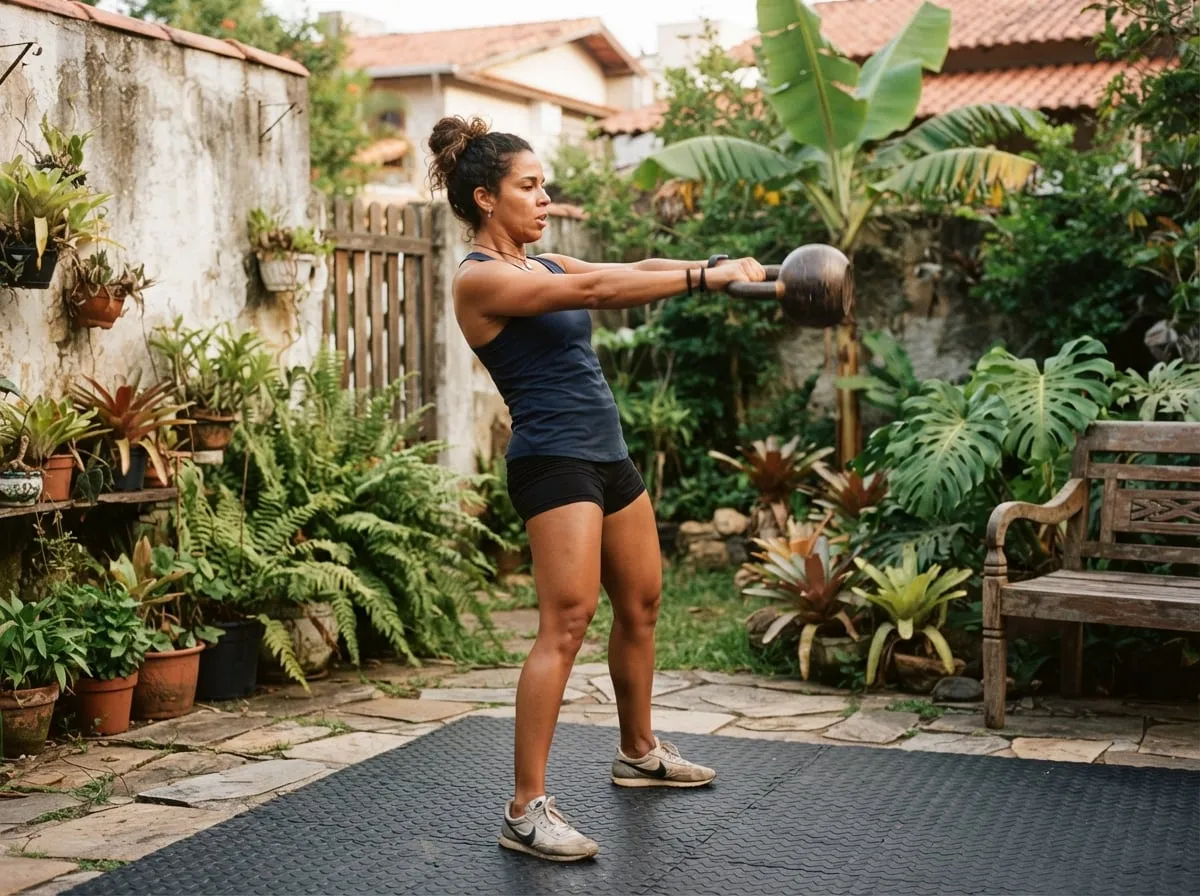 Mulher faz swing com kettlebell num quintal com plantas